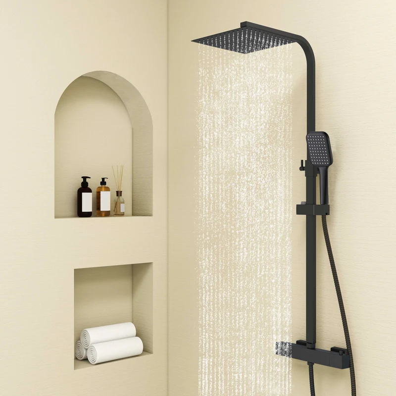 Columna de Ducha Termostática Aica negro mate alcachofa y ducha superior grande 25cm para baño