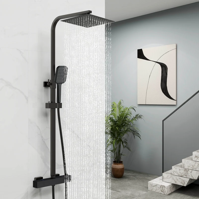 Columna de Ducha Termostática Aica negro mate alcachofa y ducha superior grande 25cm para baño