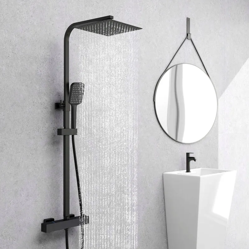 Columna de Ducha Termostática Aica negro mate alcachofa y ducha superior grande 25cm para baño
