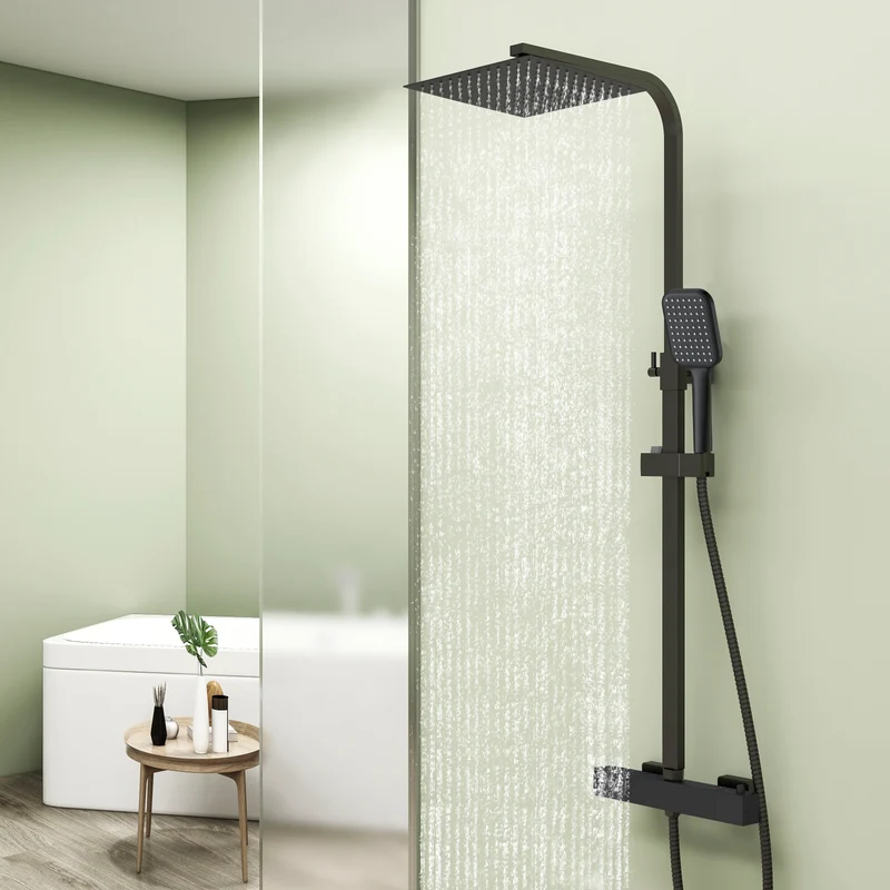 Columna de Ducha Termostática Aica negro mate alcachofa y ducha superior grande 25cm para baño