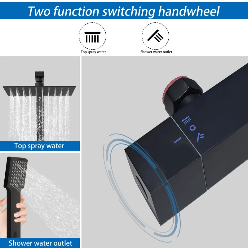 Columna de Ducha Termostática Aica negro mate alcachofa y ducha superior grande 25cm para baño