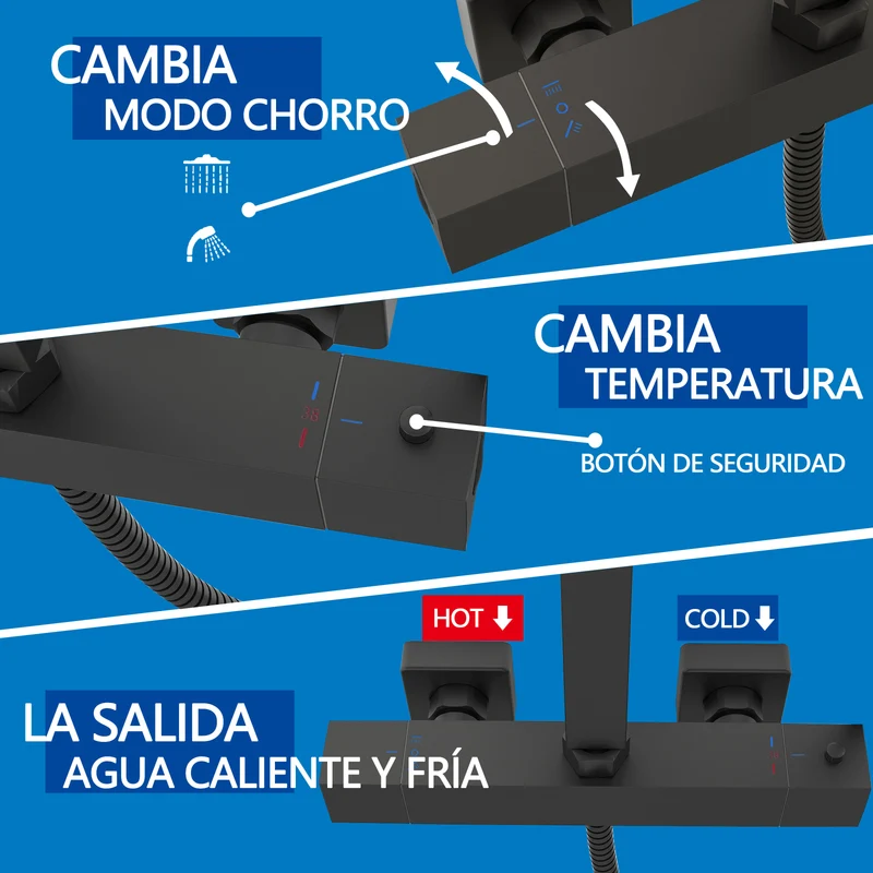 Columna de Ducha Termostática Aica negro mate alcachofa y ducha superior grande 25cm para baño