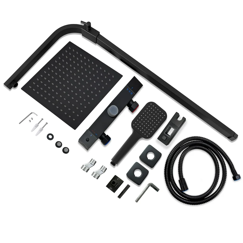 Columna de Ducha Termostática Aica negro mate alcachofa y ducha superior grande 25cm para baño