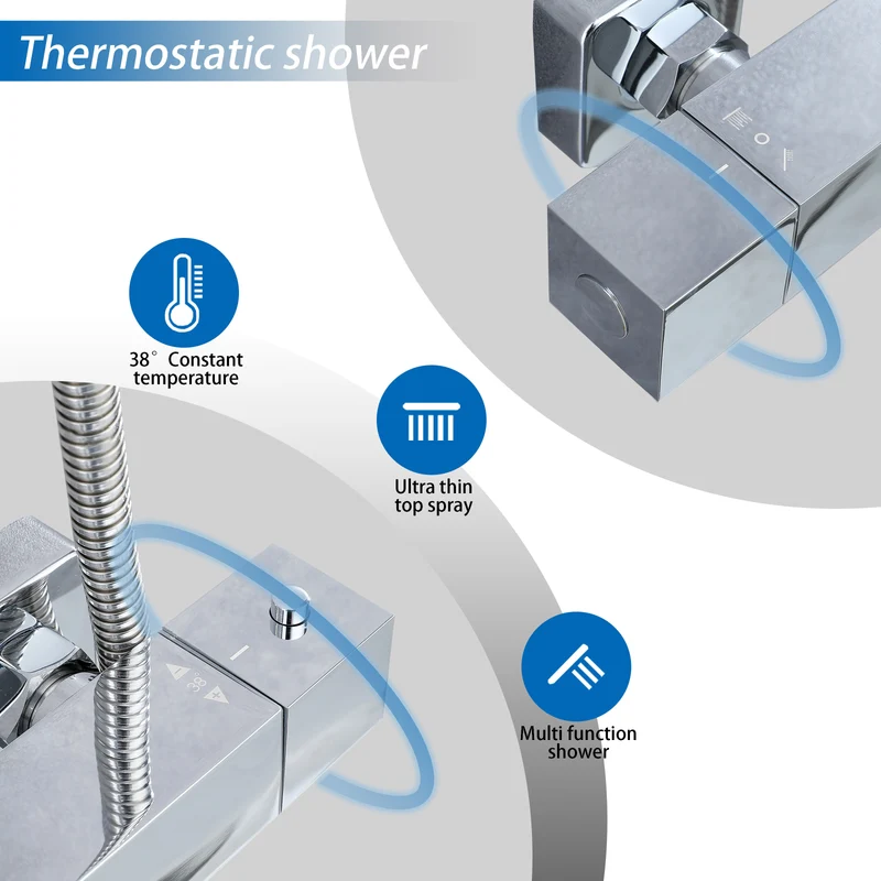 Columna de Ducha Termostática Aica acero inoxidable alcachofa y ducha superior grande 25cm para baño