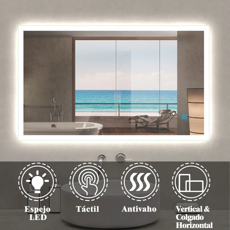 Espejo de baño，Espejo led，Blanco frío + Interruptor táctil + antivaho + Brillo LED Envolvente