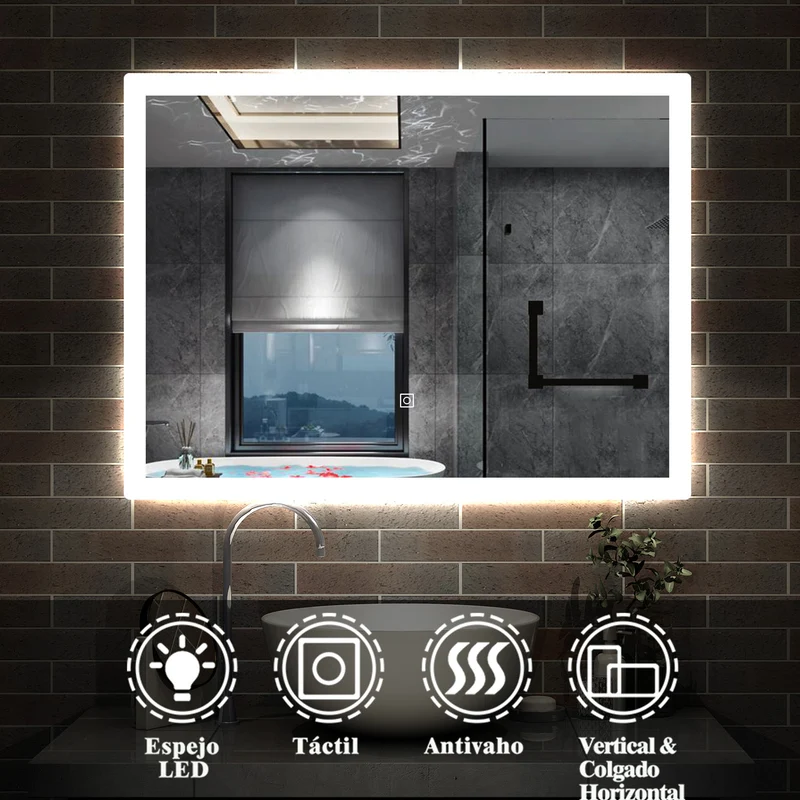Espejo Regulable de Hogar/de Baño con Función Antiniebla + Brillo LED Envolvente Blanco Frío + Interruptor Táctil