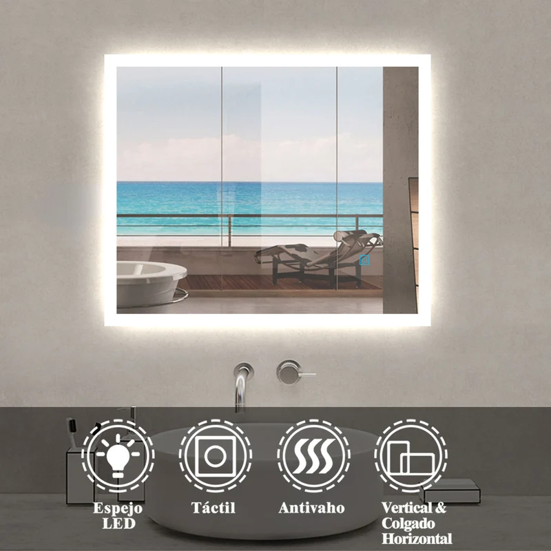 Espejo de Baño con Iluminación LED(Brillo LED Envolvente)Interruptor Táctil con Antiniebla Montado en Pared Adecuado para Maquillaje y Afeitar