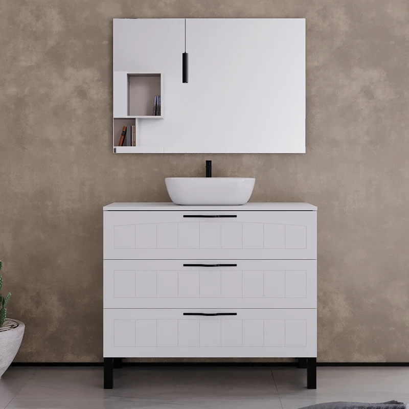 Meuble de salle de bain 100cm avec plateau et vasque à poser ovale - 3 tiroirs - CALA