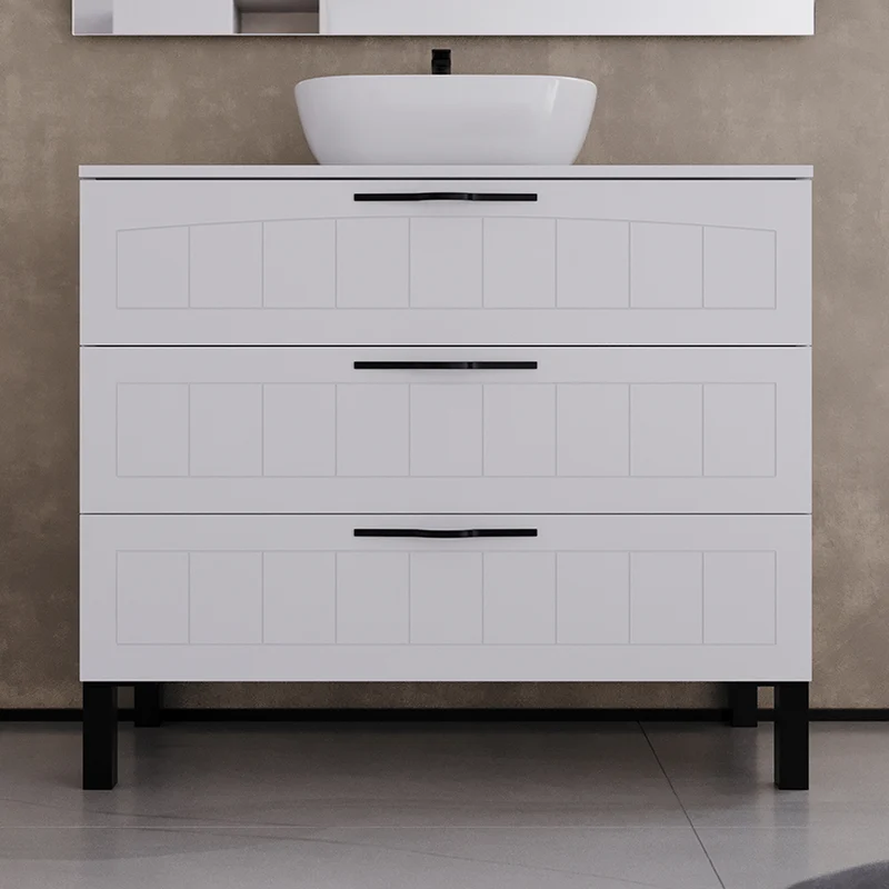 Meuble de salle de bain 100cm avec plateau et vasque à poser ovale - 3 tiroirs - CALA