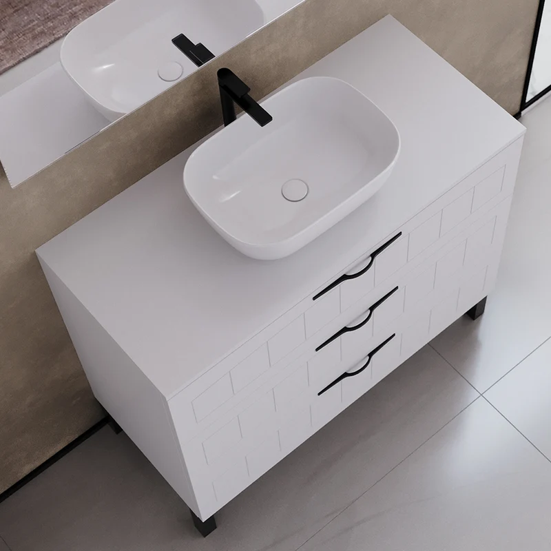 Meuble de salle de bain 100cm avec plateau et vasque à poser ovale - 3 tiroirs - CALA