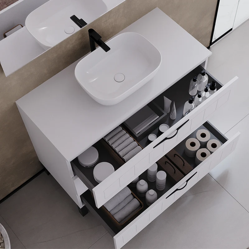 Meuble de salle de bain 100cm avec plateau et vasque à poser ovale - 3 tiroirs - CALA