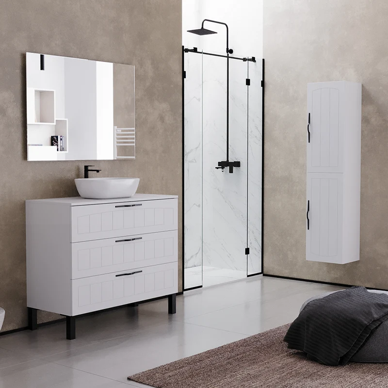 Meuble de salle de bain 100cm avec plateau et vasque à poser ovale - 3 tiroirs - CALA