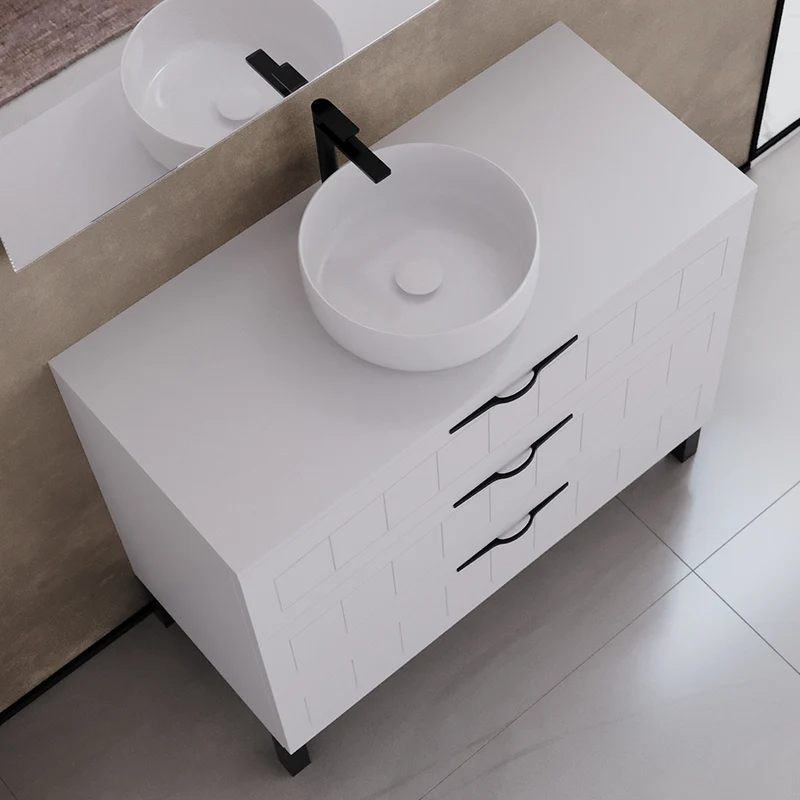 Meuble de salle de bain 100cm avec plateau et vasque à poser ronde - 3 tiroirs - CALA