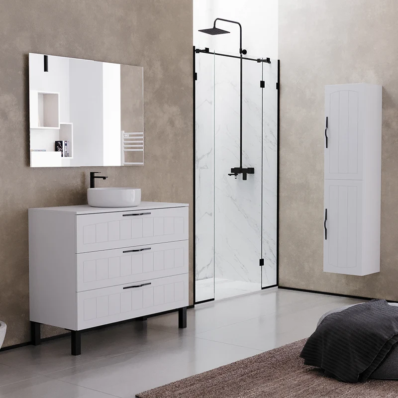 Meuble de salle de bain 100cm avec plateau et vasque à poser ronde - 3 tiroirs - CALA