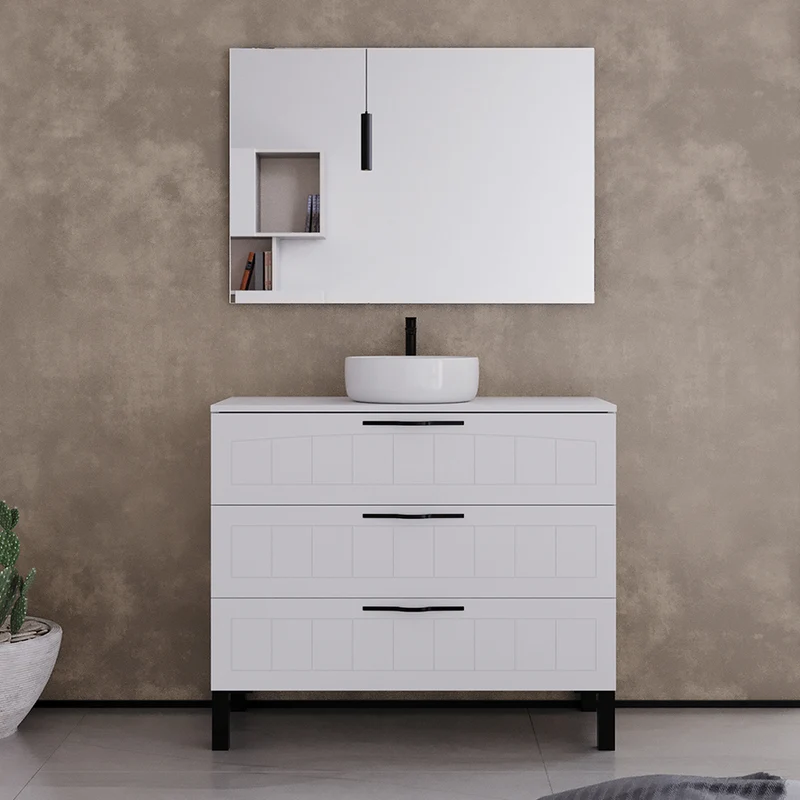 Meuble de salle de bain 100cm avec plateau et vasque à poser ronde - 3 tiroirs - CALA