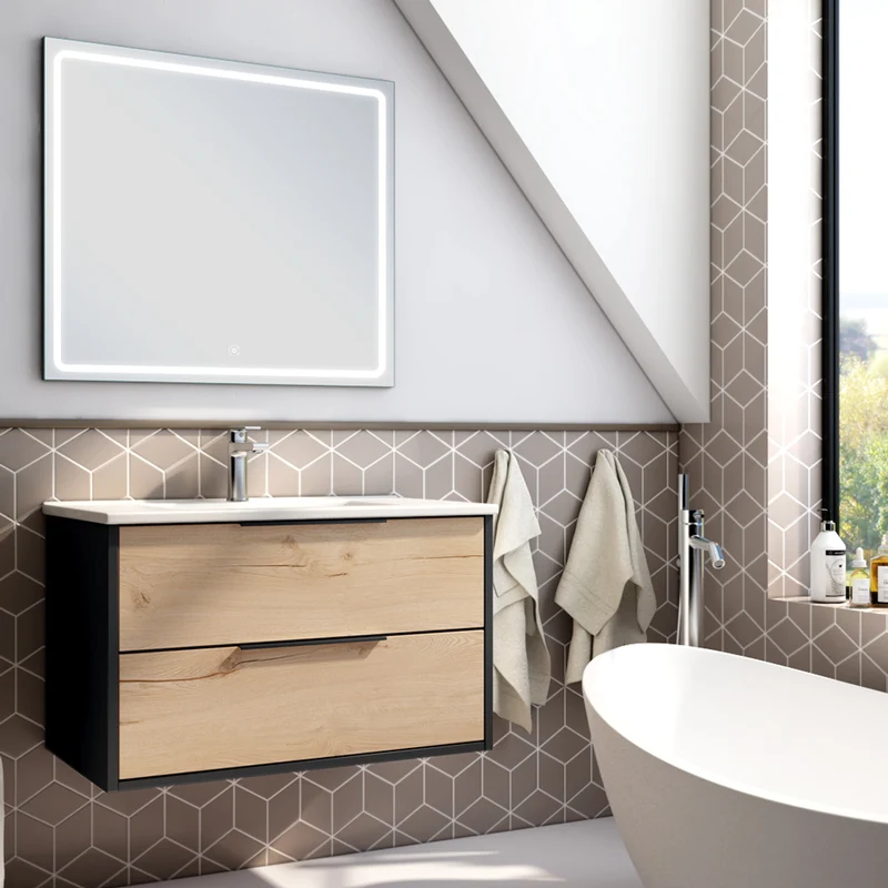 Meuble de salle de bain 80cm simple vasque - 2 tiroirs - ALBA et miroir VELDI