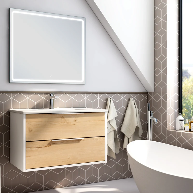 Meuble de salle de bain 80cm simple vasque - 2 tiroirs - ALBA et miroir VELDI