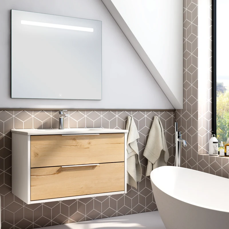 Meuble de salle de bain 80cm simple vasque - 2 tiroirs - ALBA et miroir STAM