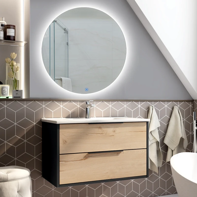 Meuble de salle de bain 80cm simple vasque - 2 tiroirs - ALBA et miroir rond SOLEN