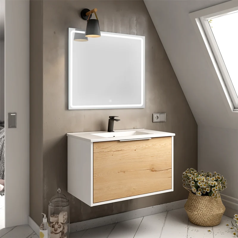 Meuble de salle de bain 80cm simple vasque - 1 façade et 2 tiroirs - ALBA et miroir VELDI