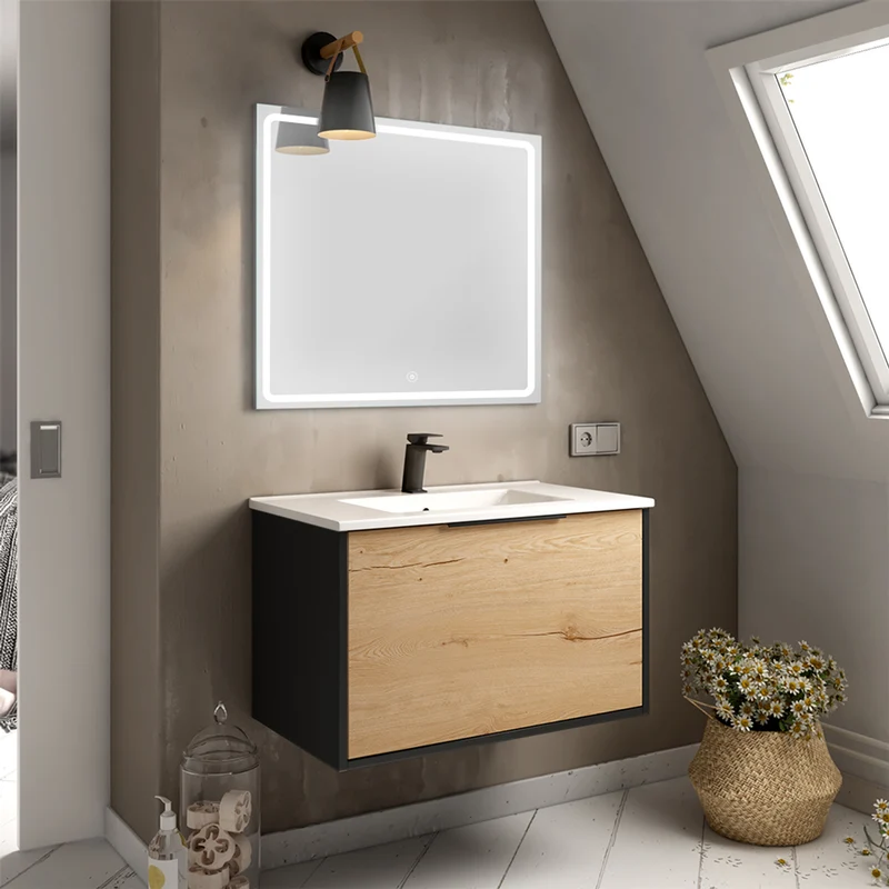Meuble de salle de bain 80cm simple vasque - 1 façade et 2 tiroirs - ALBA et miroir VELDI
