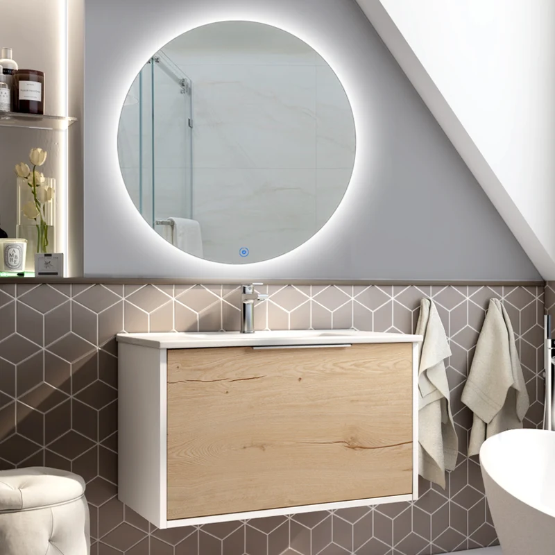 Meuble de salle de bain 80cm simple vasque - 1 façade et 2 tiroirs - ALBA et miroir rond SOLEN