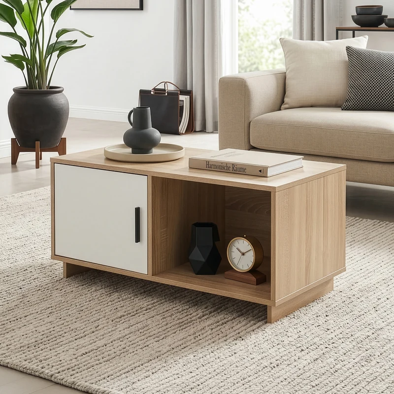 Mesa de centro Kenta con puerta 80x45x40cm - Roble Sonoma / Blanco [en.casa]