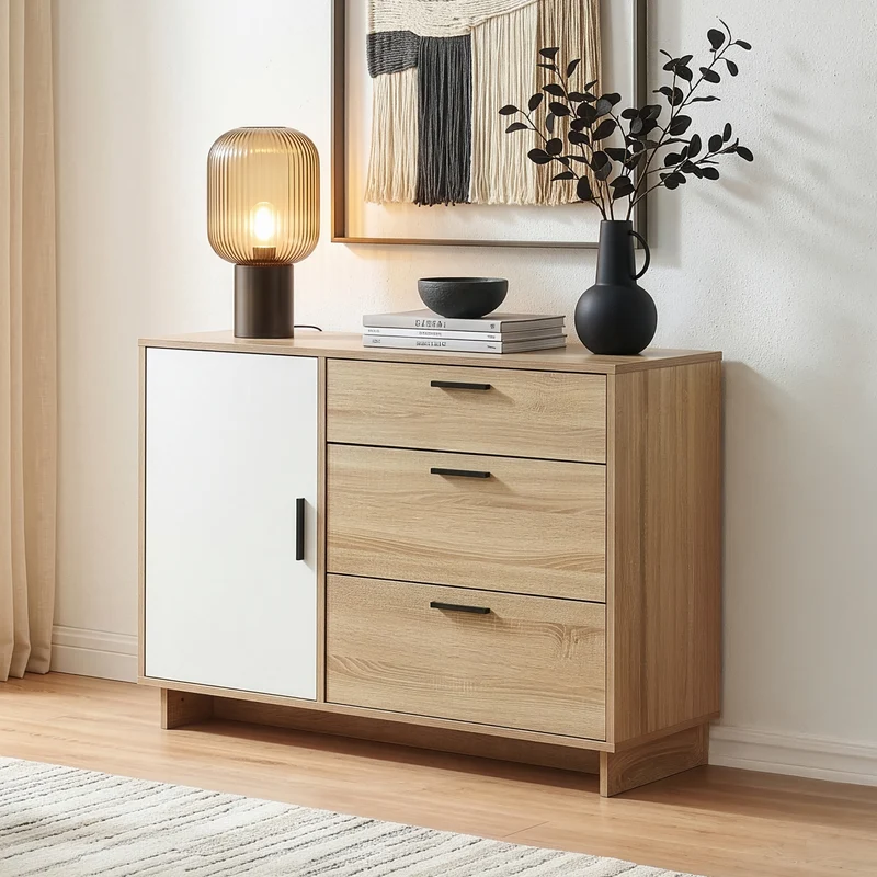 Cómoda Kenta 3 cajones y 2 puertas 100x35x72cm - Roble Sonoma/Blanco [en.casa]