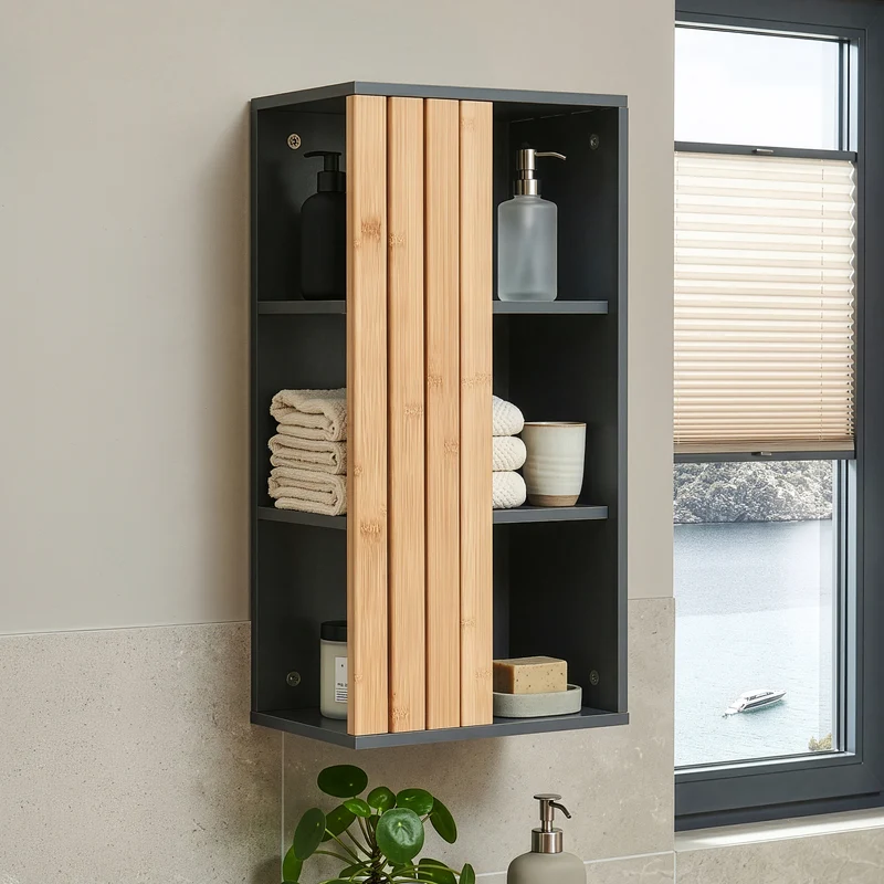 Armario Baño de Pared Svanes 3 niveles 60x30x20cm - Gris oscuro/Bambú [en.casa]