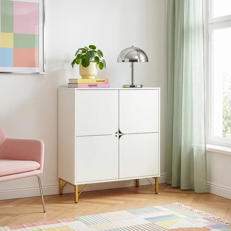 Aparador Reyri con 4 puertas acero 90x80x35cm - Blanco/Dorado [en.casa]