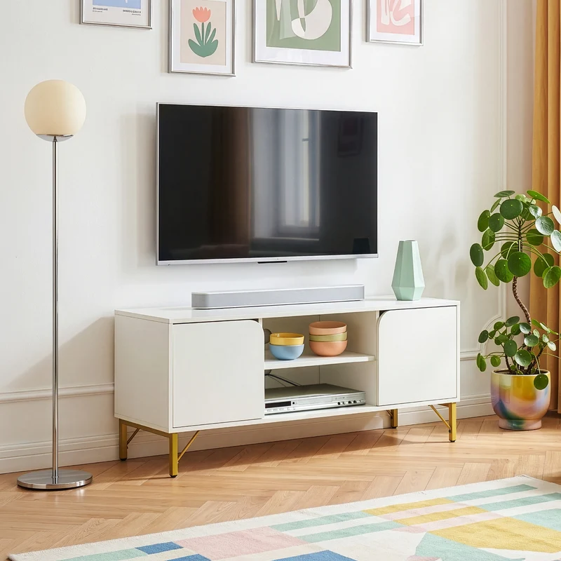Mueble de TV Reyri con compartimentos 120x39x52 cm - Blanco/Dorado [en.casa]