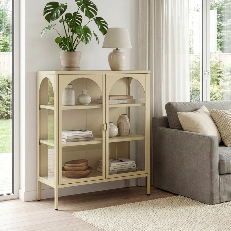 Vitrina Klippestad con 2 puertas arqueadas acero 95x80x35cm Gris cálido [en.casa]