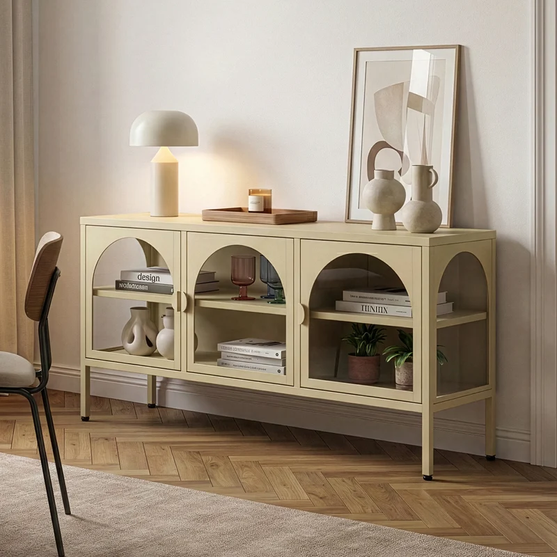 Vitrina Klippestad con 3 puertas arqueadas acero 118x35x55cm Gris cálido [en.casa]
