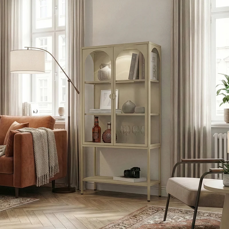 Vitrina Klippestad con 2 puertas arqueadas acero 160x80x35cm Gris cálido [en.casa]