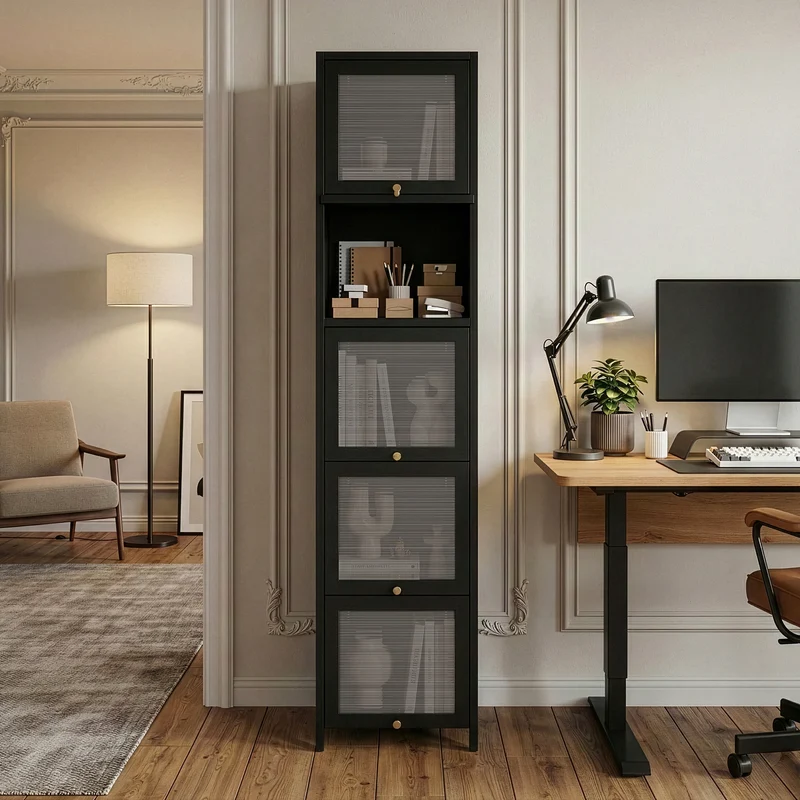 Vitrina Ostersund con 5 puertas abatibles 174x40x35cm Negro [en.casa]