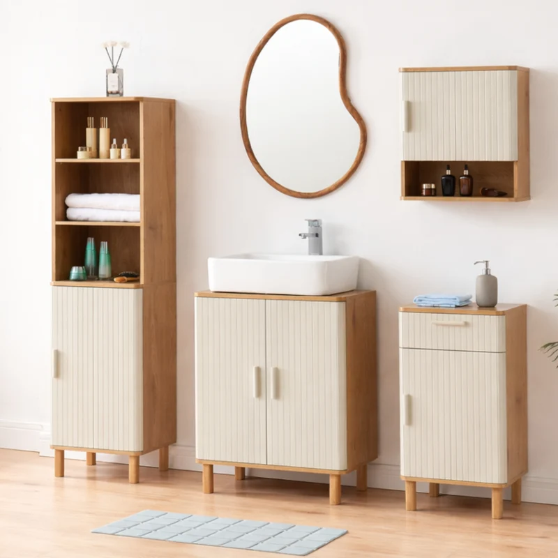 Juego de muebles de baño Ferrersp con puertas - Roble/Oatmeal [en.casa]