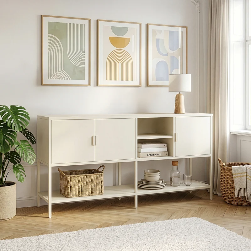 Aparador Kliri con 6 compartimentos acero 160x40x80cm - Blanco crema [en.casa]