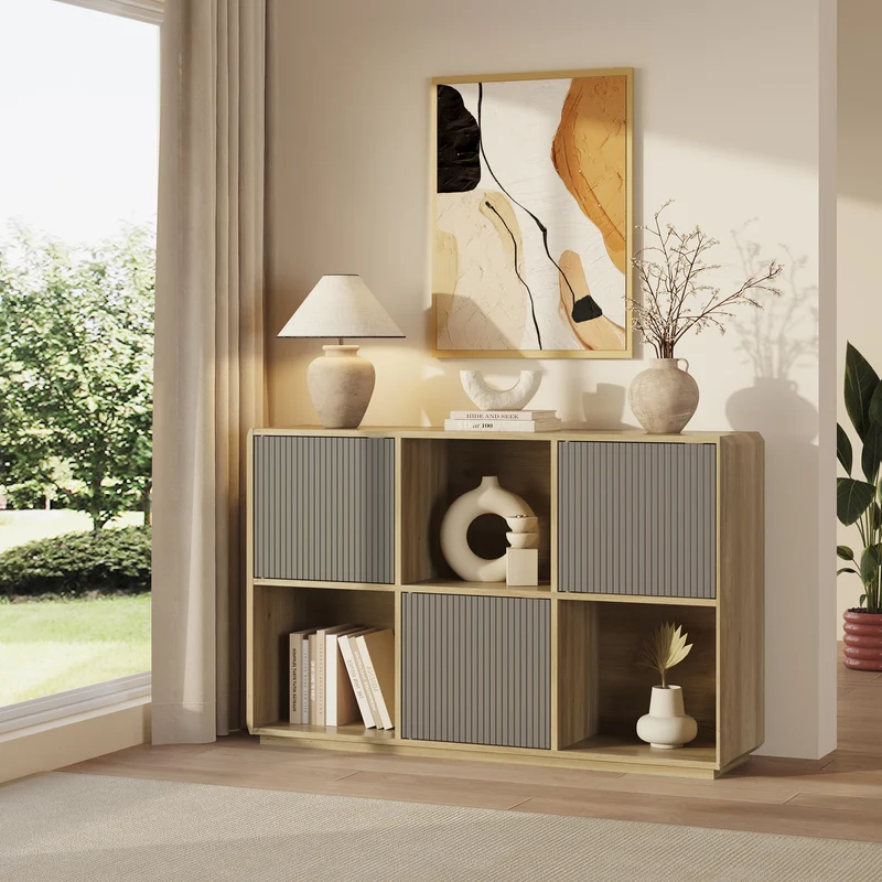 Aparador bajo Trömi 3 puertas push-to-open 75x120x30cm - Efecto roble/Gris [en.casa]