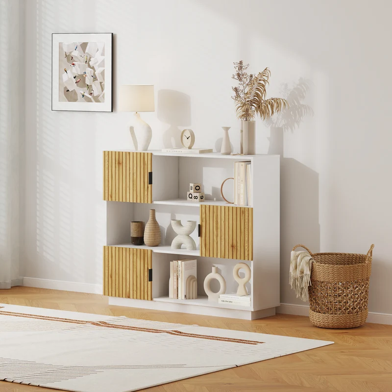 Estantería de pie Verhundar con 6 compartimentos 3 puertas 102x120x30cm - Efecto madera [en.casa]