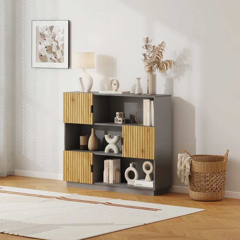 Estantería de pie Verhundar con 6 compartimentos 3 puertas 102x120x30cm - Efecto madera [en.casa]