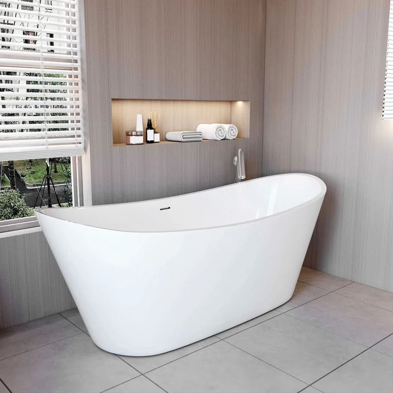 AICA Bañera acrílica exenta lujosa y duradera,1700x720x650mm,estilo ovalado,color blanco,incluye manguera + desagüe