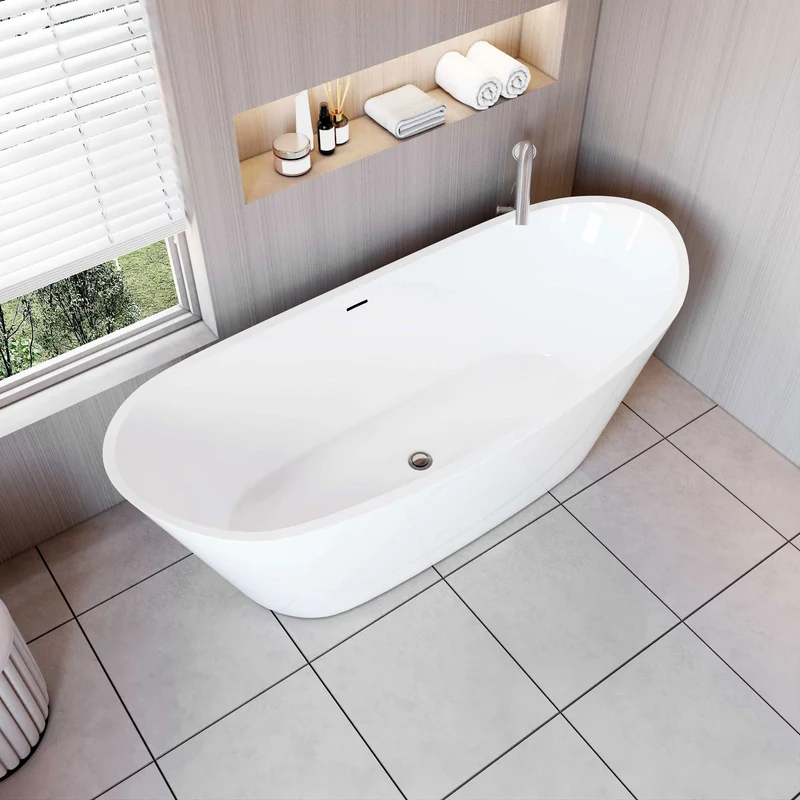 AICA Bañera acrílica exenta lujosa y duradera,1700x720x650mm,estilo ovalado,color blanco,incluye manguera + desagüe