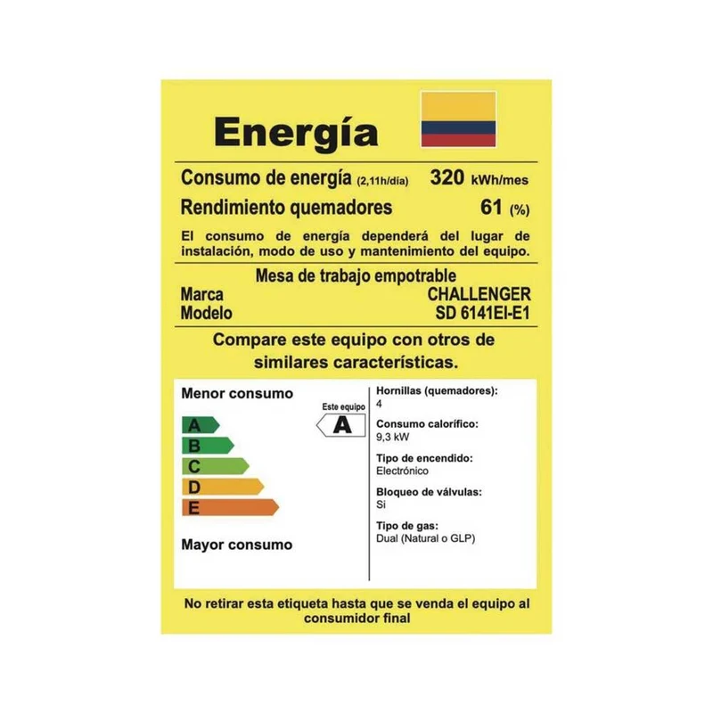 Estufa de Empotrar Challenger Gas Natural 4 Puestos, Plateado