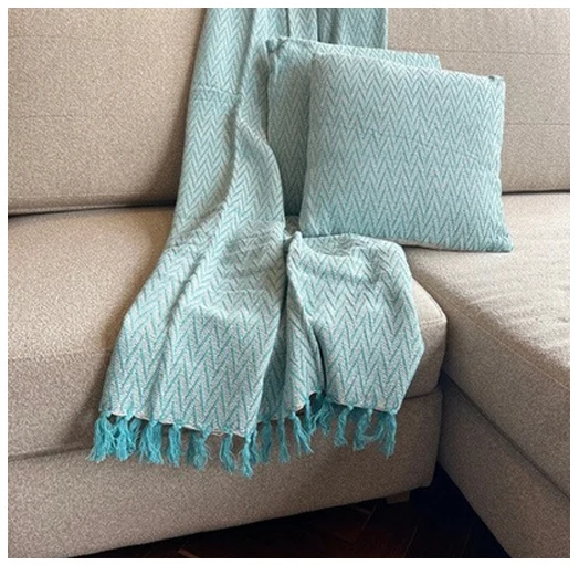 Set De Manta Y 2 Cojines De Algodón Tejida A Mano Diseño 2 Azul
