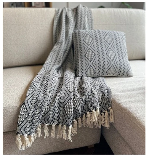 Set De Manta Y 2 Cojines De Algodón Tejida A Mano Diseño 1 Negro Y Blanco