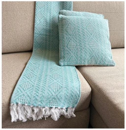 Set De Manta Y 2 Cojines De Algodón Tejida A Mano Diseño 1 Azul