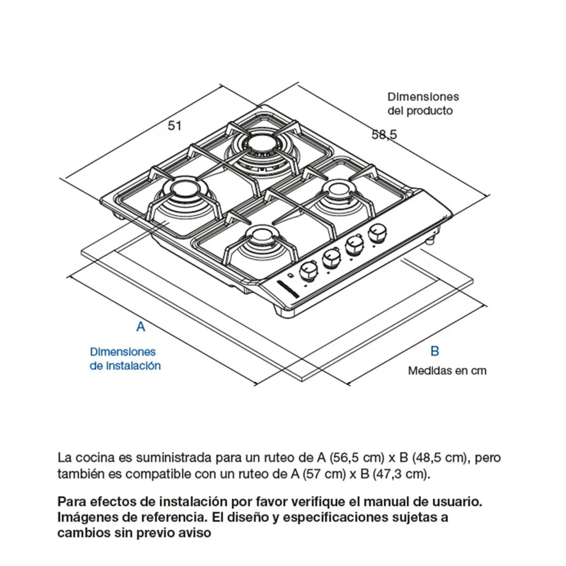 Estufa de Empotrar 4 Puestos Gas Natural Challenger, Plateado