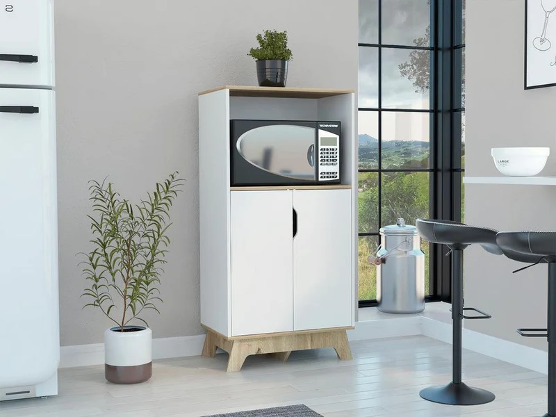 Mueble Auxiliar Lirio, Blanco Duqueza y Café Claro, con Espacio para Microondas ZF