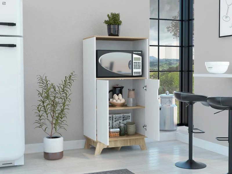 Mueble Auxiliar Lirio, Blanco Duqueza y Café Claro, con Espacio para Microondas ZF