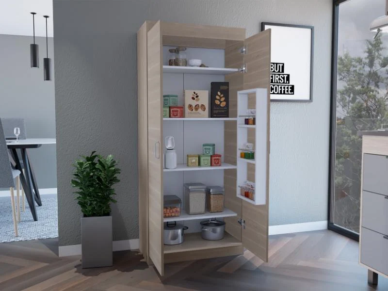 Alacena Multiusos Varese, Bardolino y Blanco Vainilla, Posee un Estante Adicional en la Puerta y Cuatro Entrepaños